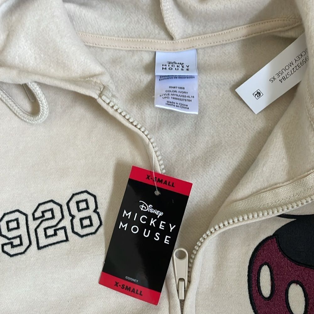 Disney Mickey Mouse Women’s Ivory Color Full Zip Hooded Sweatshirt Sz XS - Picture 6 of 10